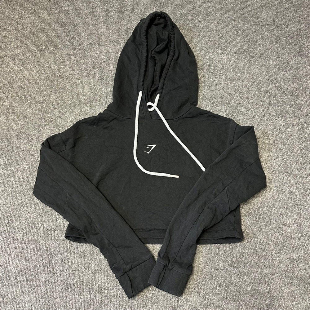 Gymshark Hoodie Womens XS Black Cropped Graphic Visionary Long Sleeve Athletic